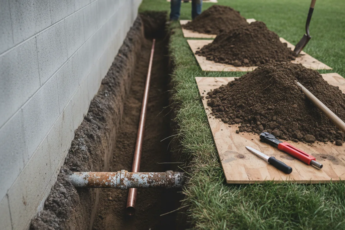 Excavated water line trench during Sewer Line Repair in Sunland